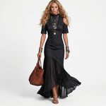 Black denim long dress with cold-shoulder cutouts and sheer tulle maxi hem