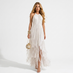 White sleeveless halter fringe midi dress with layered tassel skirt