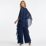 Dark navy chiffon two-piece set with layered cape sleeves, wide-leg palazzo pants, back view