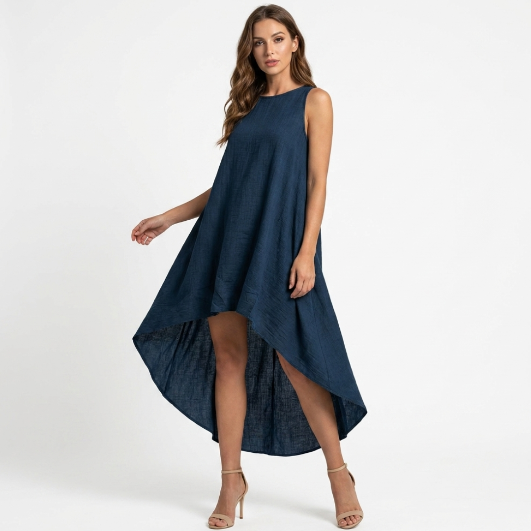 Júlia sleeveless dark blue high-low dress with a flowy asymmetrical hem