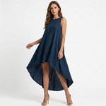 Júlia sleeveless dark blue high-low dress with a flowy asymmetrical hem