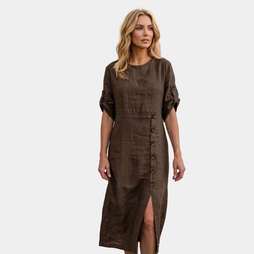 Linen-look midi dress in dark chestnut with buttoned front and split hem