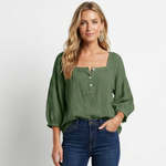 Linen blouse in deep green with square neckline and button front, gathered 3/4 puff sleeves