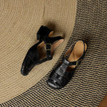Black natural leather sandals with buckle ankle strap and block heel