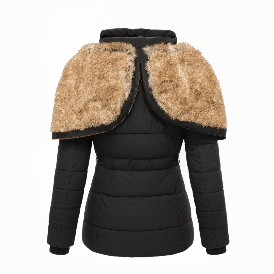 Women's winter puffer jacket, black with tan faux-fur shoulder panels