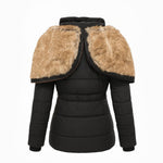 Women's winter puffer jacket, black with tan faux-fur shoulder panels