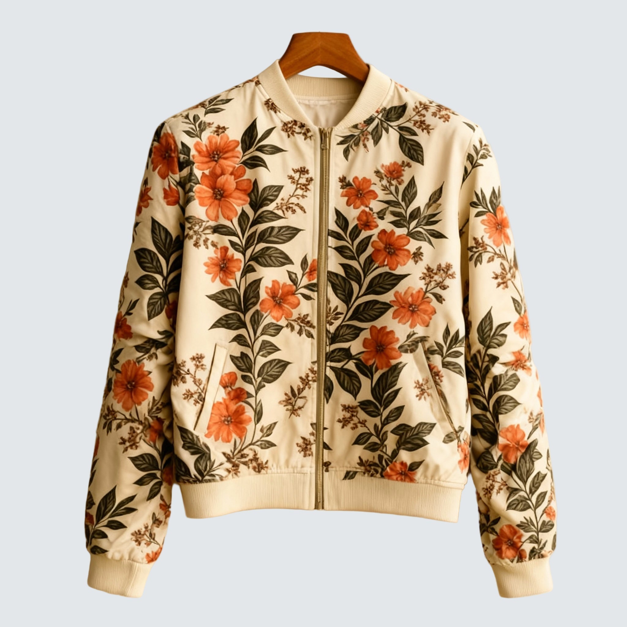 Cream floral zip-up bomber jacket with ribbed cuffs and hem