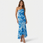 Pleated one-shoulder midi dress with blue floral print, ruched fitted bodice