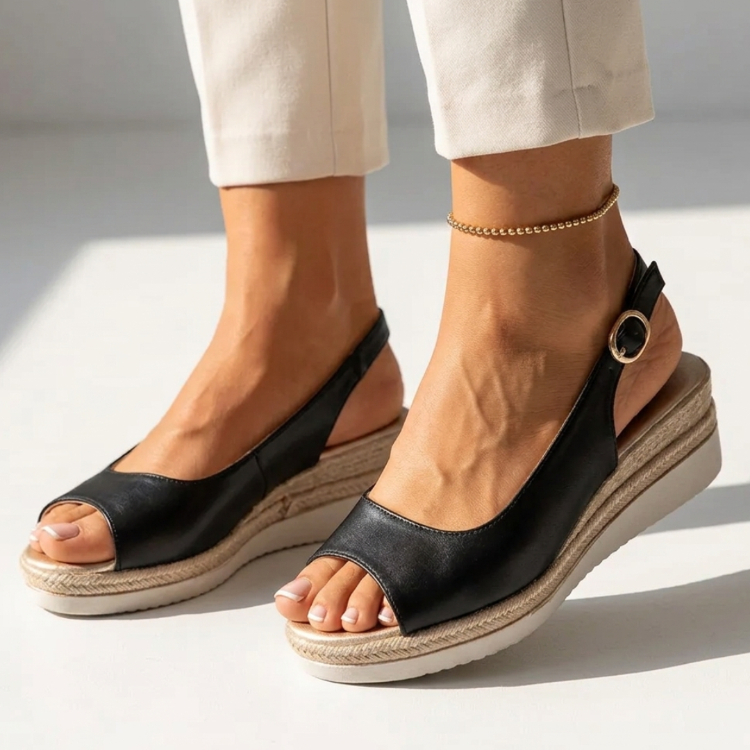 Orthopedic wedge sandals in black, open toe and ankle strap with round ring detail