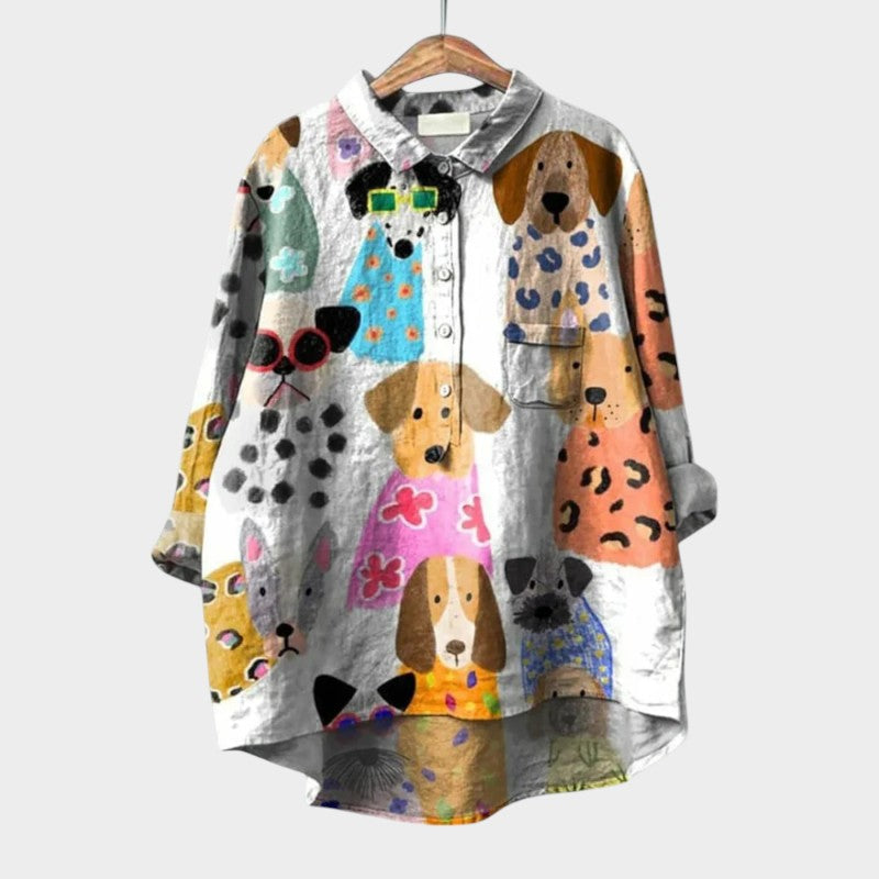 Women's long-sleeve printed blouse with button-up front and patchwork look