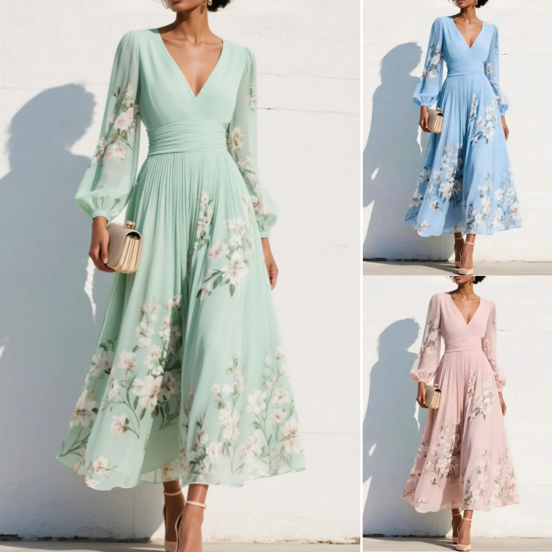 Floral midi dress with V-neck, long sheer sleeves, and gathered waist (mint, blue, pink)
