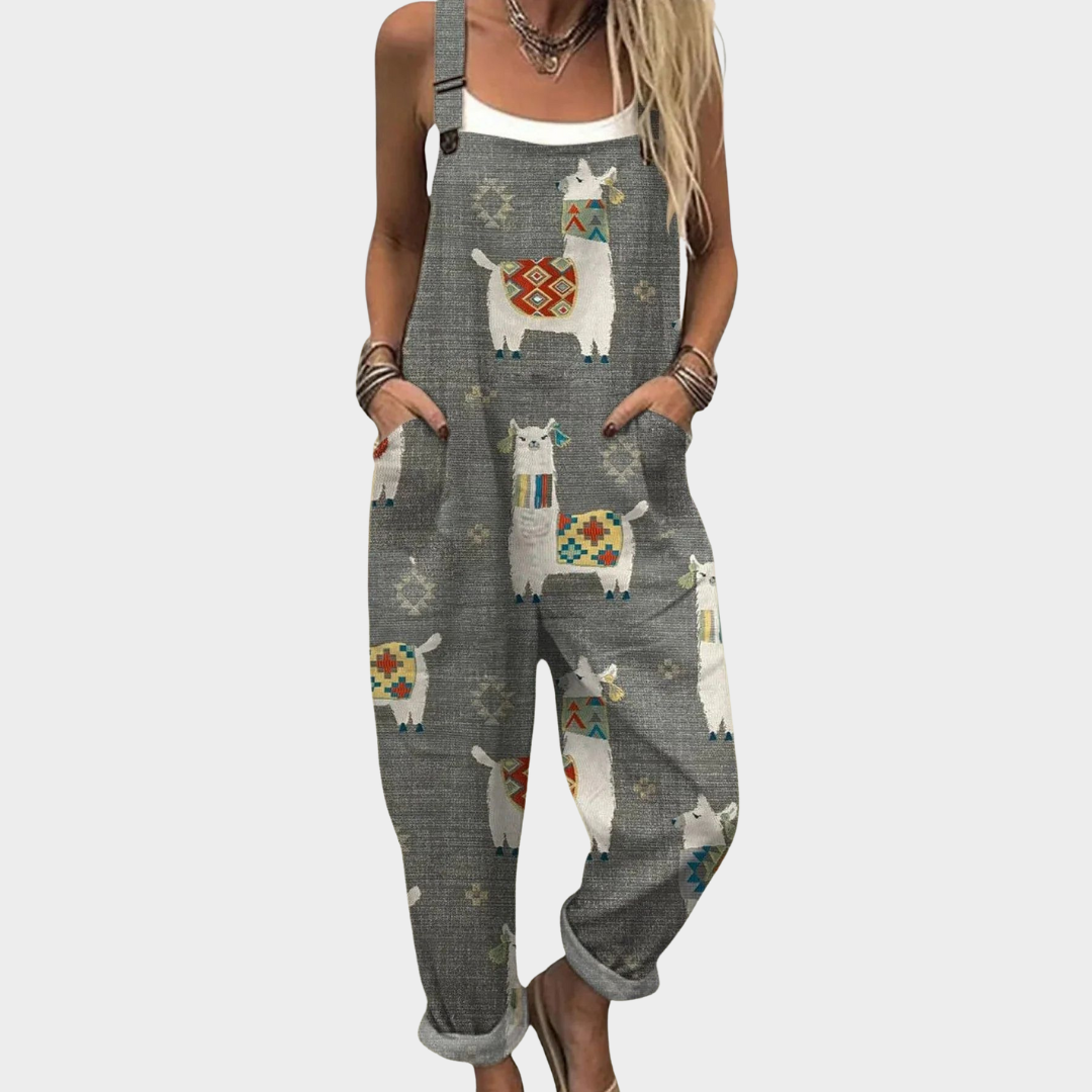 Loose gray printed overalls with cat and llama motifs, adjustable straps.