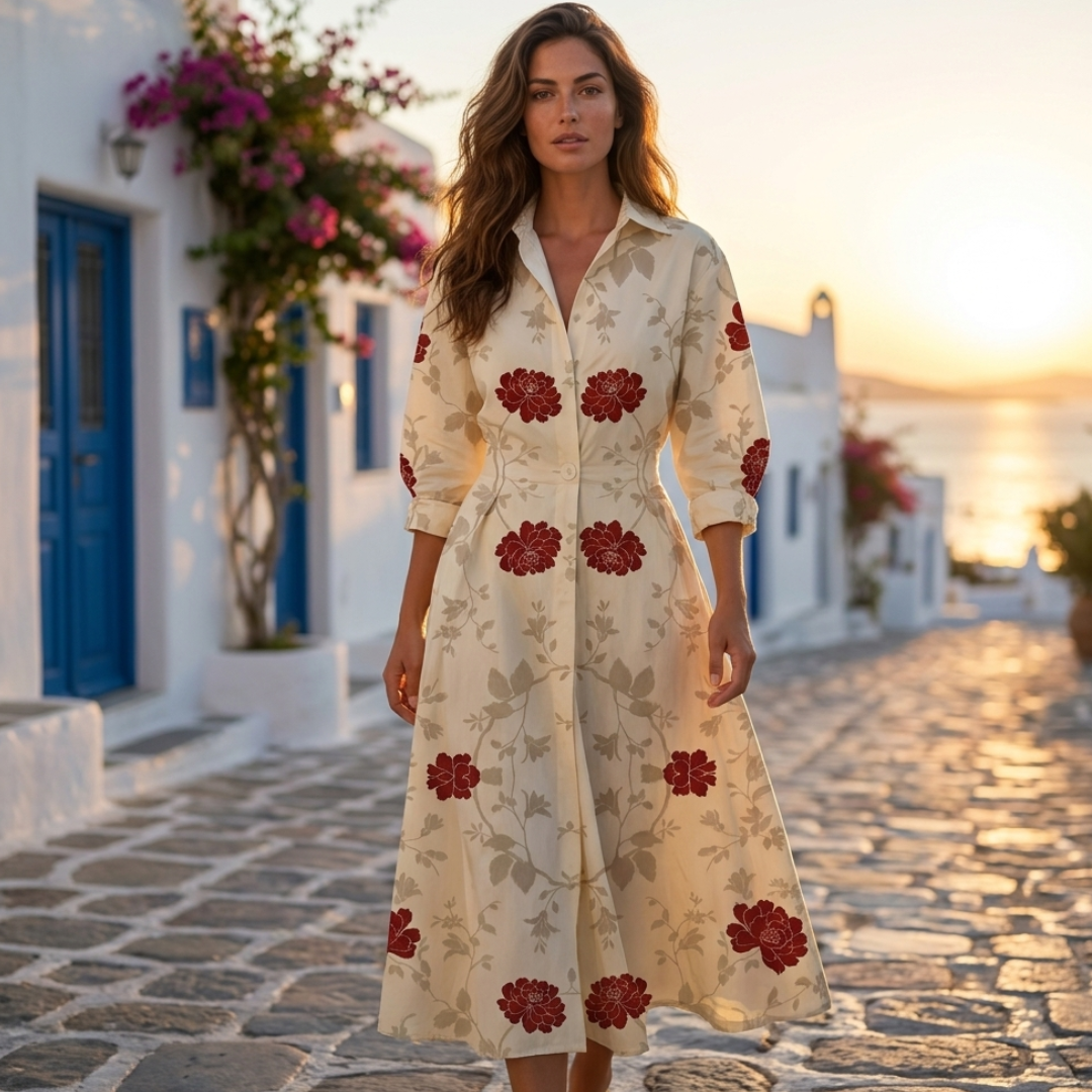 Lana cotton elegant dress with collar, cream with red floral print, long sleeves
