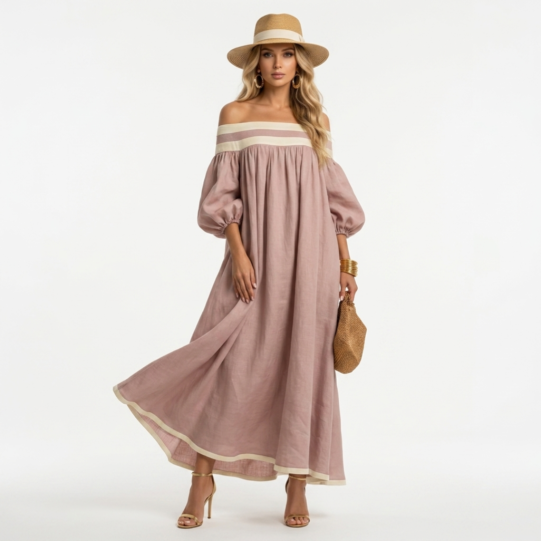 Mauve pink long off-shoulder maxi dress with pale stripe trim and gathered puff sleeves.