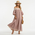 Mauve pink long off-shoulder maxi dress with pale stripe trim and gathered puff sleeves.