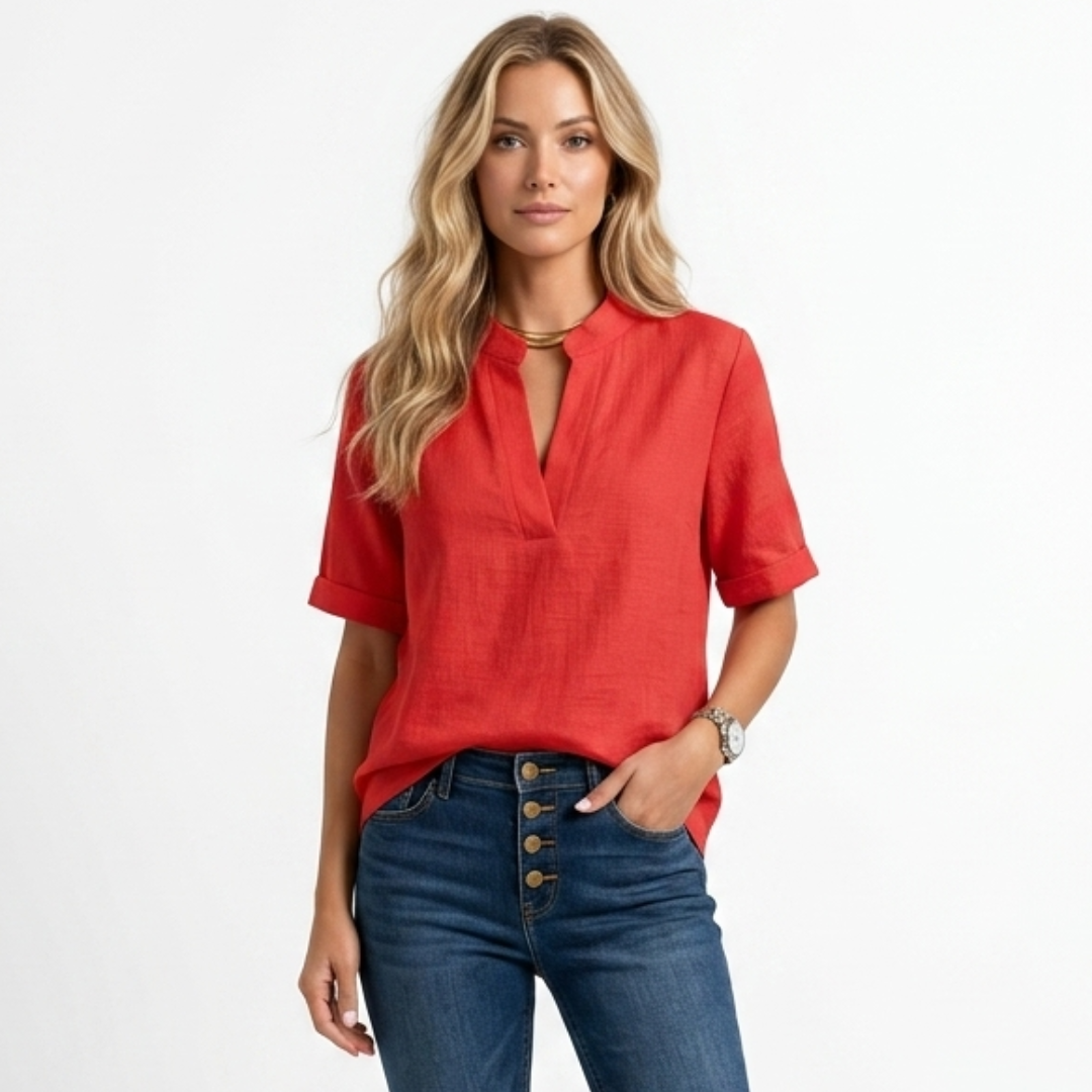 Red V-neck blouse with short sleeves