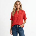 Red V-neck blouse with short sleeves