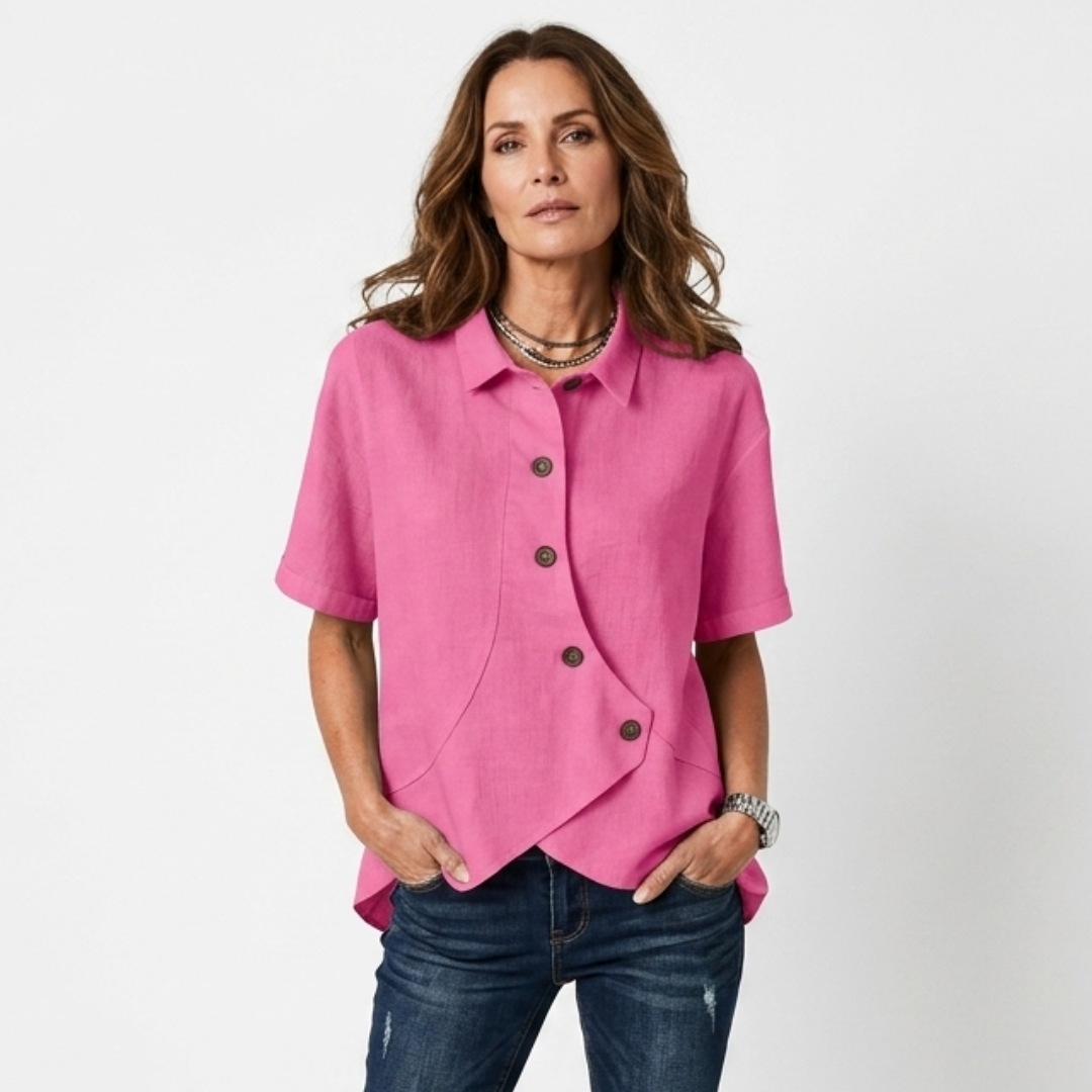 Pink asymmetric button-up blouse, short sleeves, point collar, curved hem detail