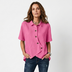Pink asymmetric button-up blouse, short sleeves, point collar, curved hem detail
