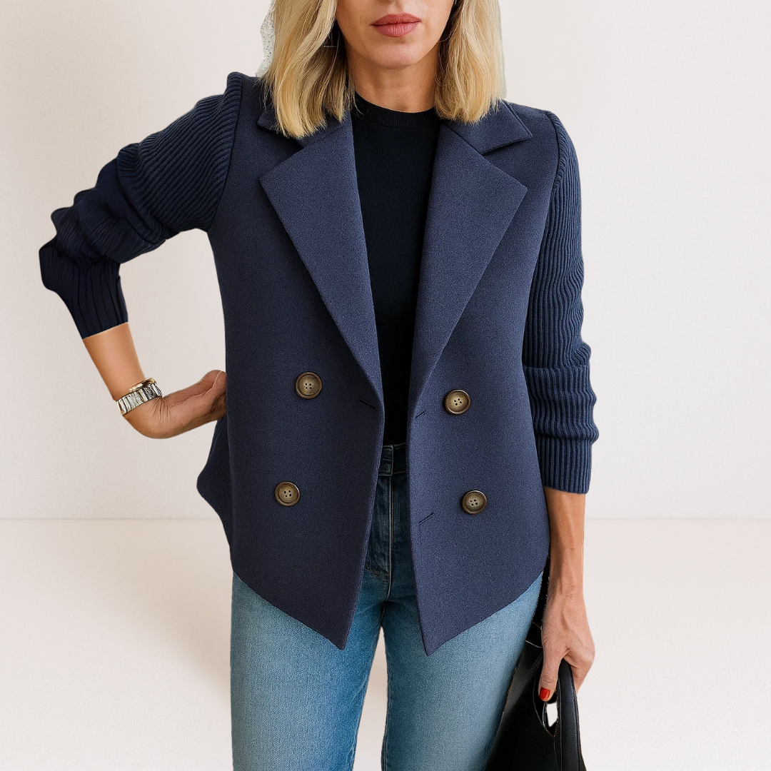 Navy casual blazer with notch lapels, ribbed sleeves, and four-button front