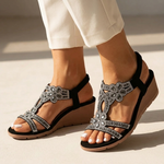 Comfort platform sandals, black with silver beaded floral straps and open toe