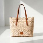 Irina vintage lace shoulder bag, cream lace tote with brown leather handles and front patch