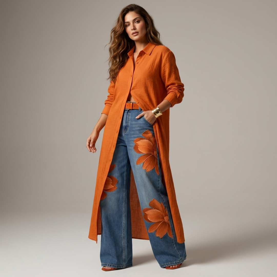 Orange long-sleeve shirt and wide-leg denim pants set with orange floral print
