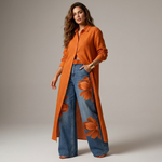 Orange long-sleeve shirt and wide-leg denim pants set with orange floral print