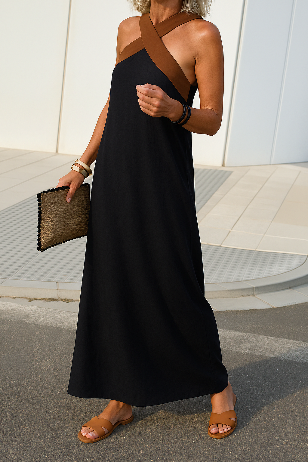 Elegant summer halter dress, black with diagonal crisscross strap and sleeveless cut