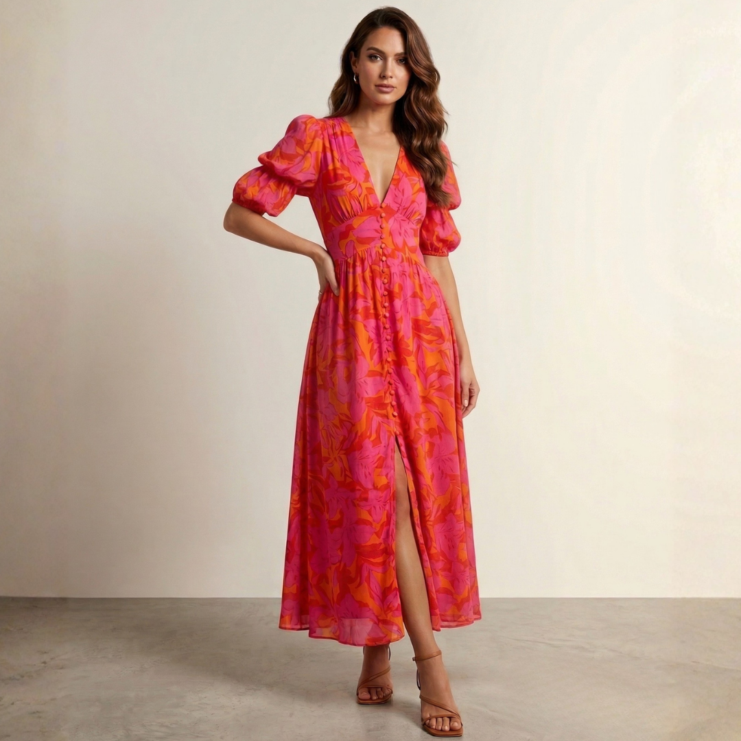 Floral pink and orange maxi dress with deep V-neck, gathered waist, and puff sleeves