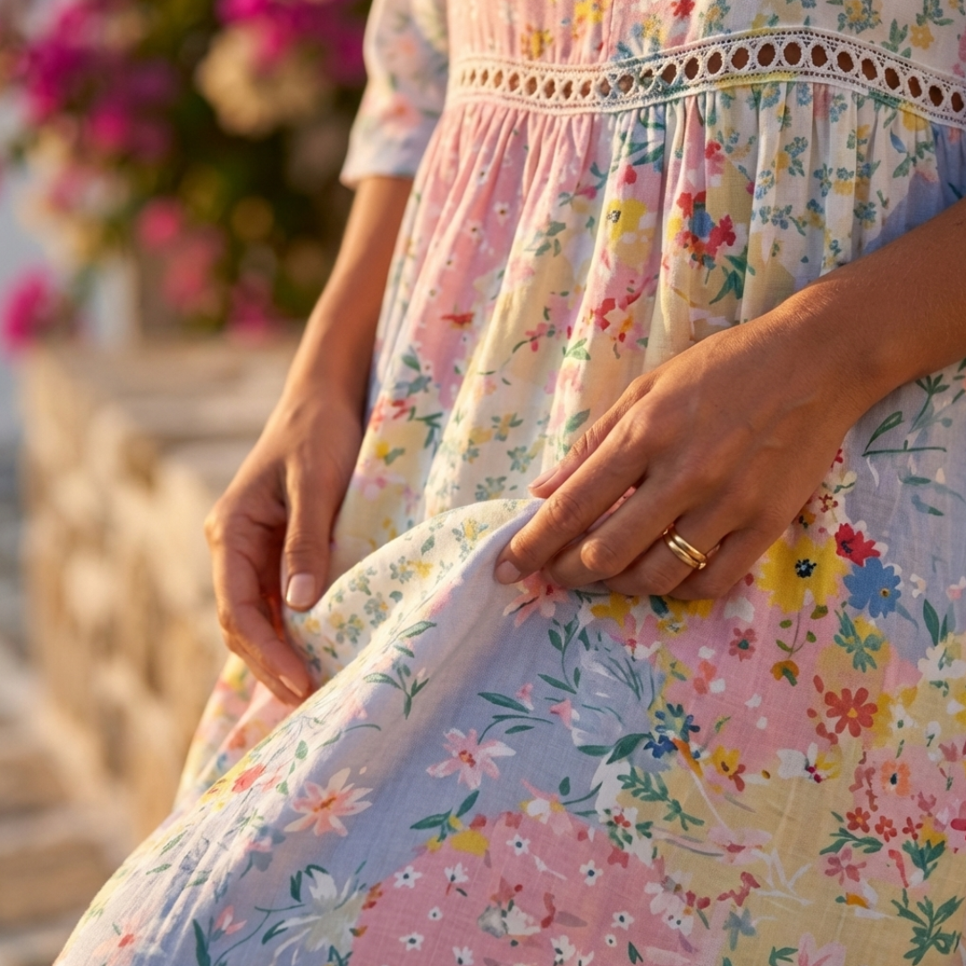 Pastel floral midi dress close-up: lace-trim bodice and gathered skirt hem