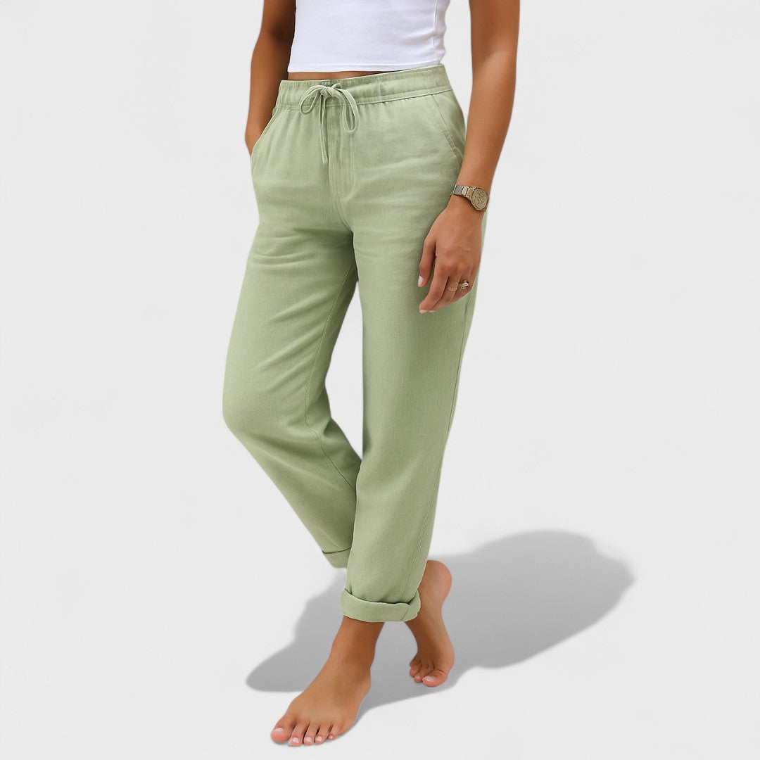 Light green elastic linen jogger pants with drawstring waist and cuffed ankles
