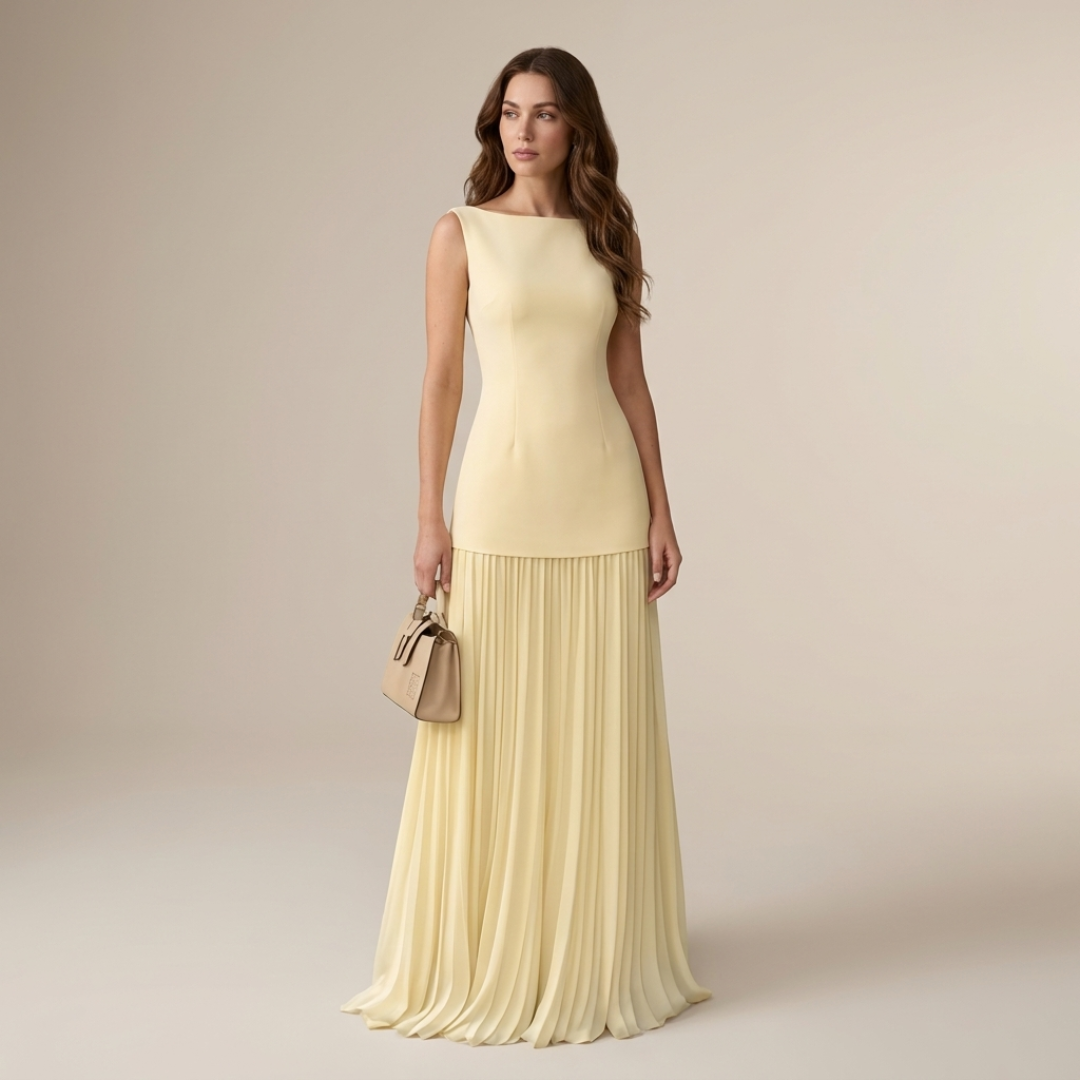 2-piece set with yellow sleeveless top and matching pleated maxi skirt