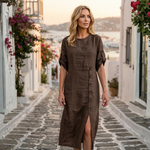 Chestnut midi dress with short puff sleeves, button front, and front slit