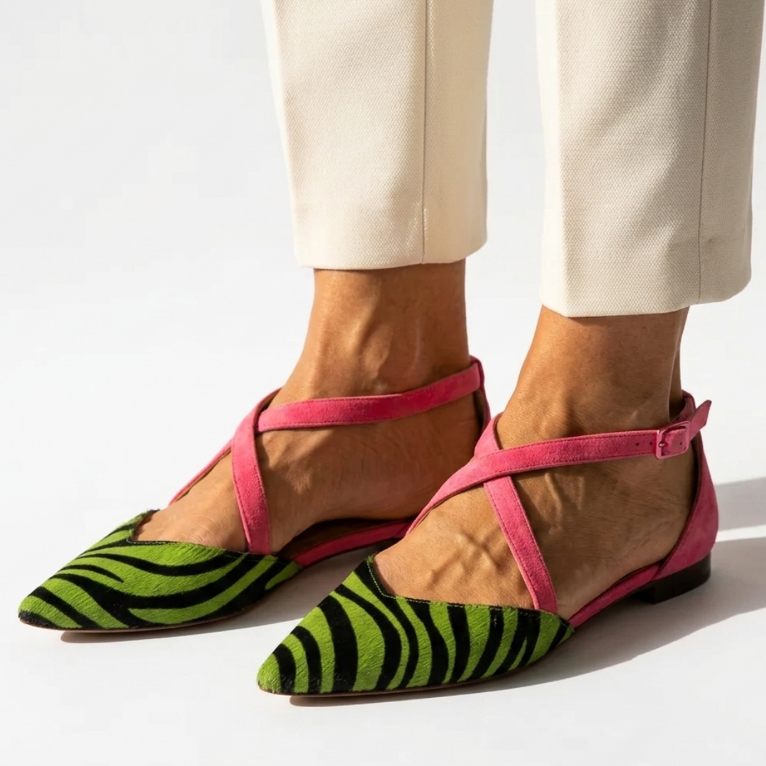 Pink-strap strappy flat sandals with green zebra-print pointed toe