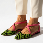 Pink-strap strappy flat sandals with green zebra-print pointed toe