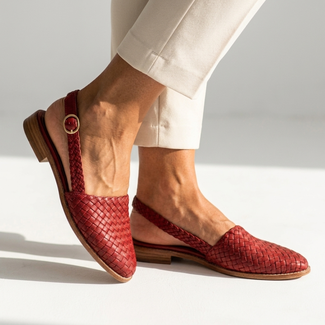 Red woven leather summer loafers with round buckle strap and low wooden heel