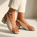 Orthopedic sandal, brown faux-croc upper, open toe, beige straps, low block heel