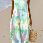 Pastel floral sleeveless midi dress with round neckline and gathered waist