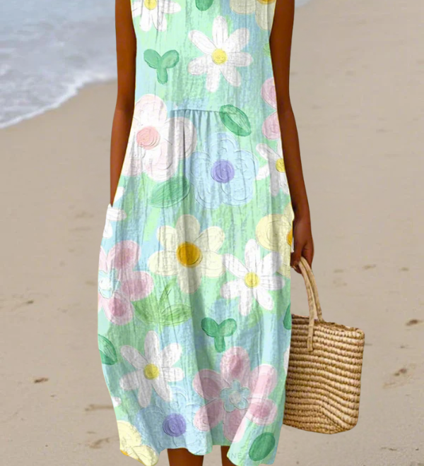 Pastel floral sleeveless midi dress with round neckline and gathered waist