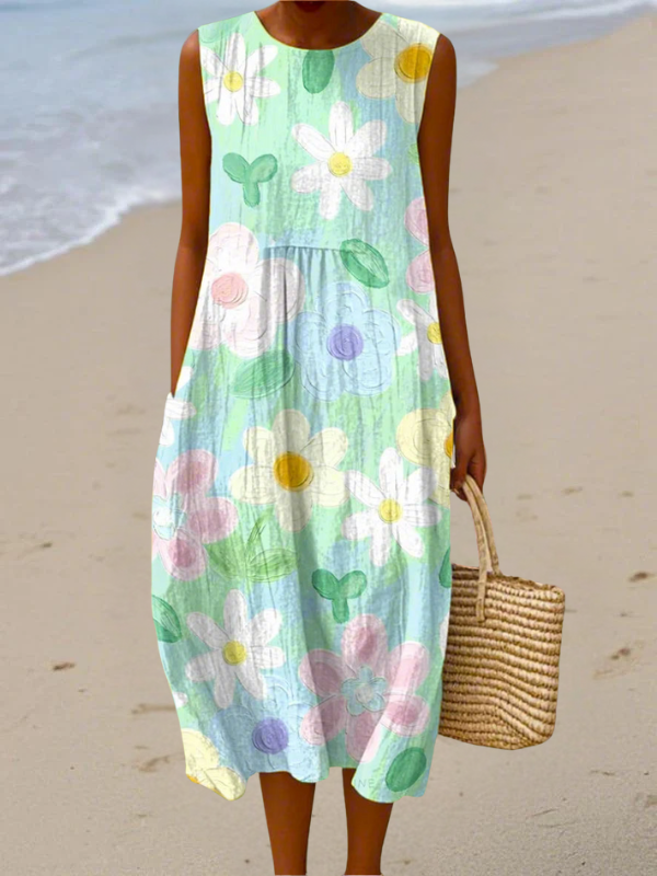 Pastel floral sleeveless midi dress with round neckline and gathered waist