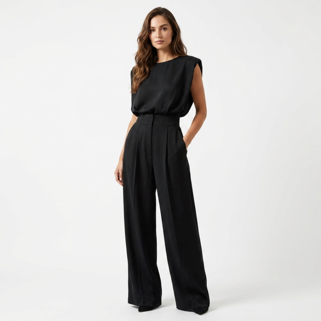 Black belted sleeveless jumpsuit with high waist and wide-leg pants