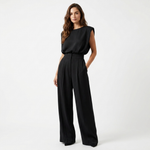 Black belted sleeveless jumpsuit with high waist and wide-leg pants
