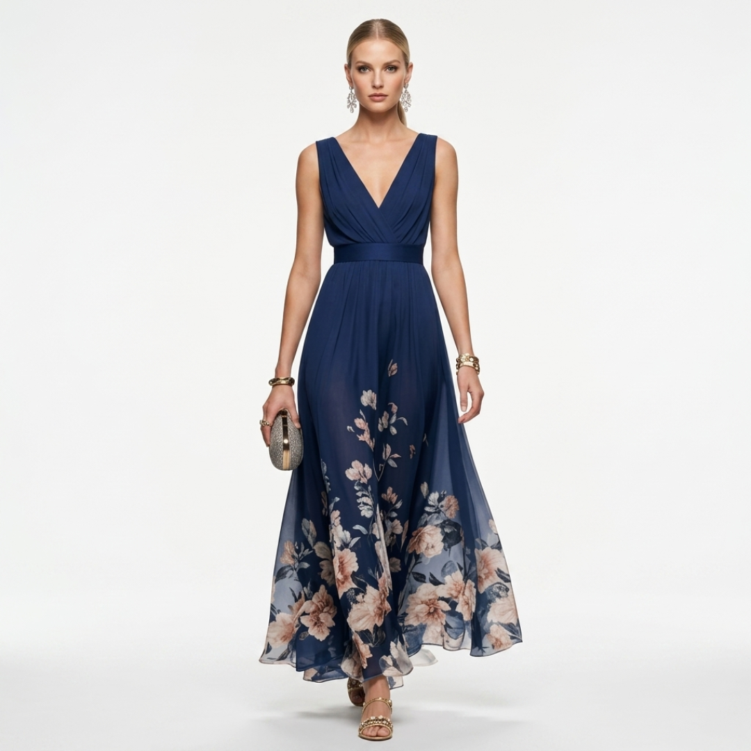 Navy chiffon floral maxi dress with V-neck sleeveless bodice and gathered skirt