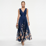 Navy chiffon floral maxi dress with V-neck sleeveless bodice and gathered skirt