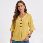 Yellow linen-look blouse with V-neck, three-button front, and flared 3/4 sleeves