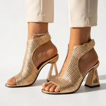 Gold metallic high-heel sandals with woven texture, open toe and side cutout, block heel