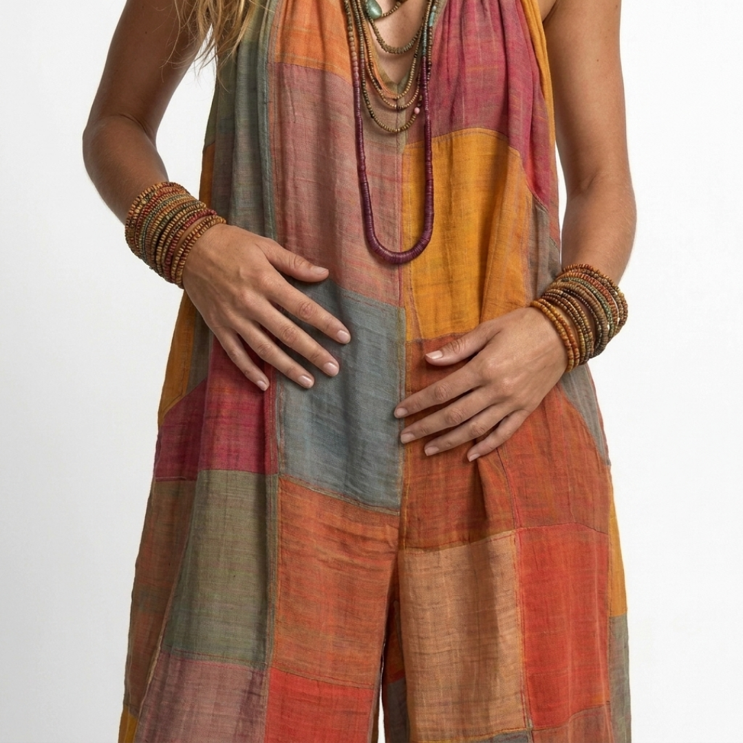 Patchwork plus-size sleeveless jumpsuit bodice detail with multicolor plaid panels