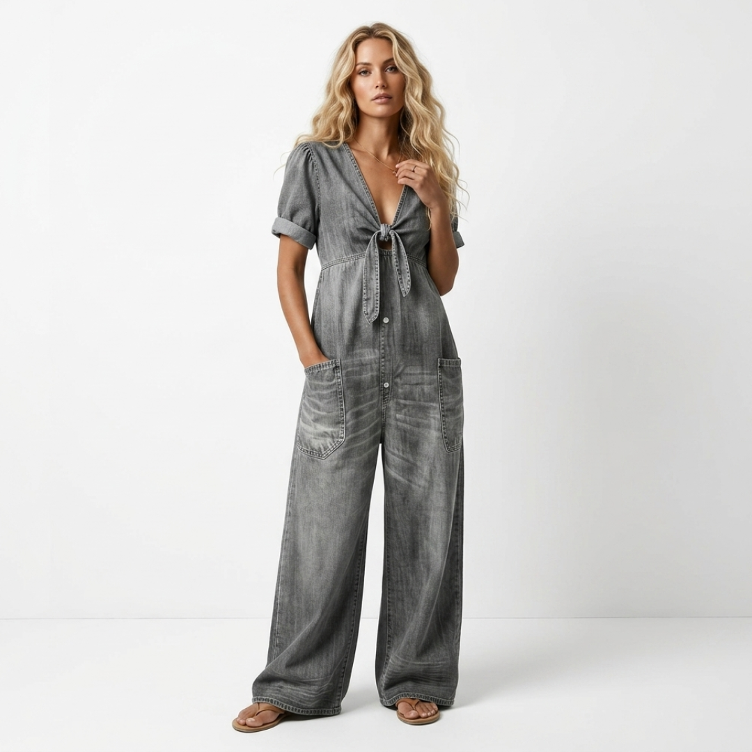 Gray denim V-neck tie-front short-sleeve jumpsuit with patch pockets and loose wide-leg fit