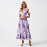 Floral print sleeveless V-neck midi dress in lavender with purple watercolor blooms